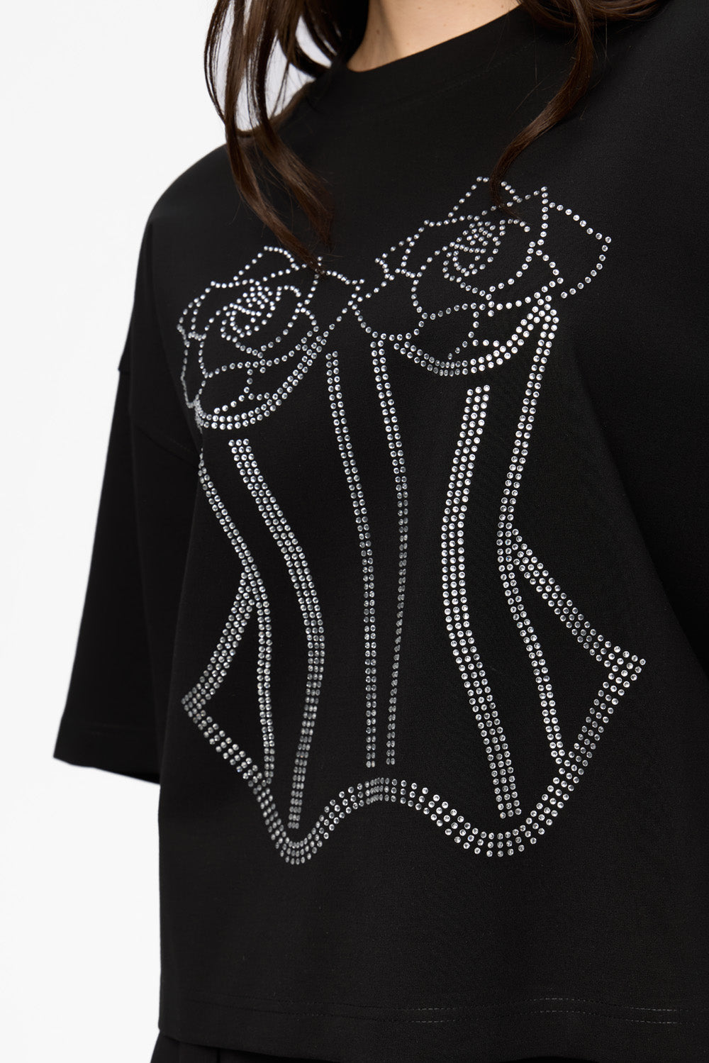 Tricou negru oversized cu aplicații de pietre strass Black Pearl