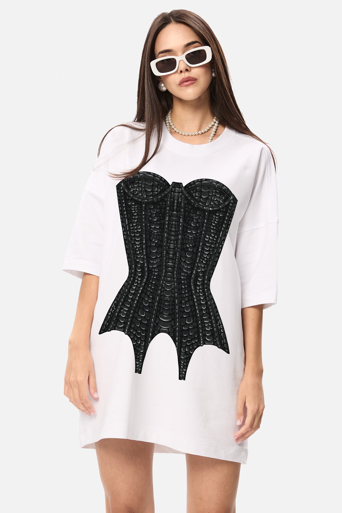 Corset dark printed white t-shirt dress W