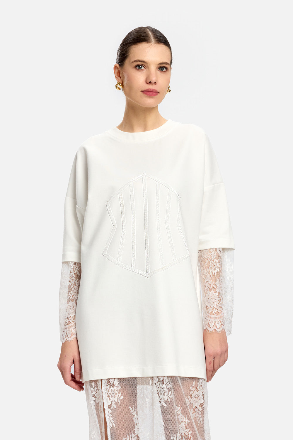 Rochie off white cu fusta si maneci de dantela Venice