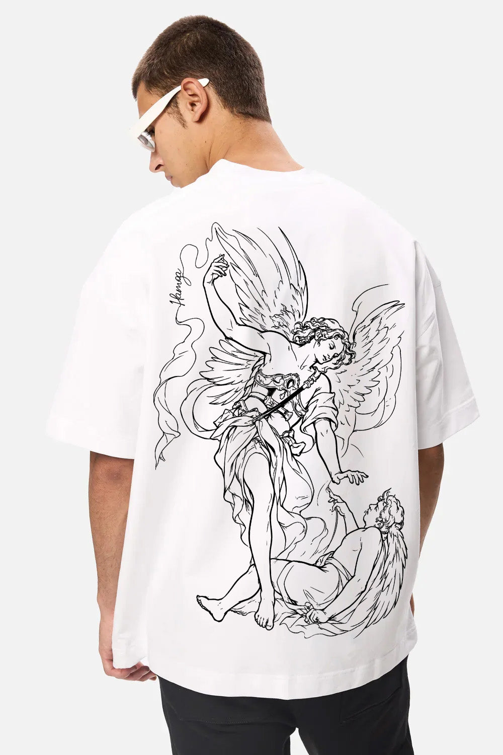 Tricou alb cu imprimeu Line art  
