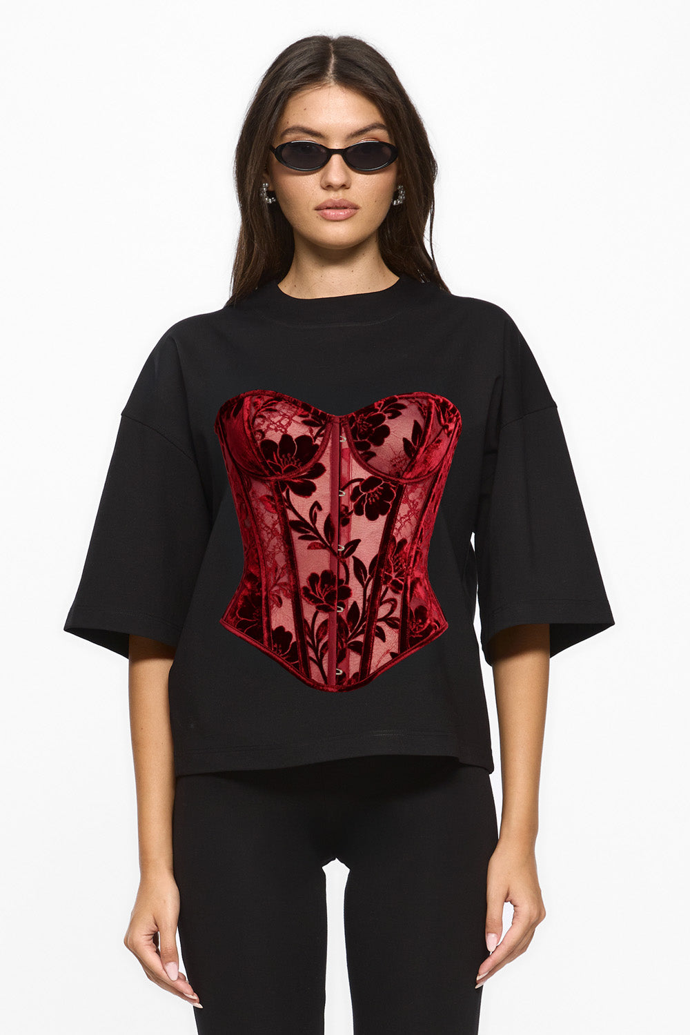Tricou negru cu imprimeu Red Lace