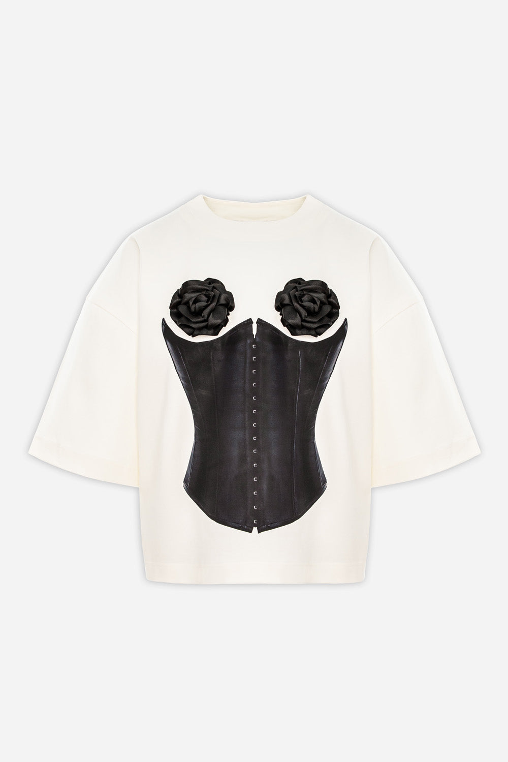 Black rose with floral applique off-white T-shirt W