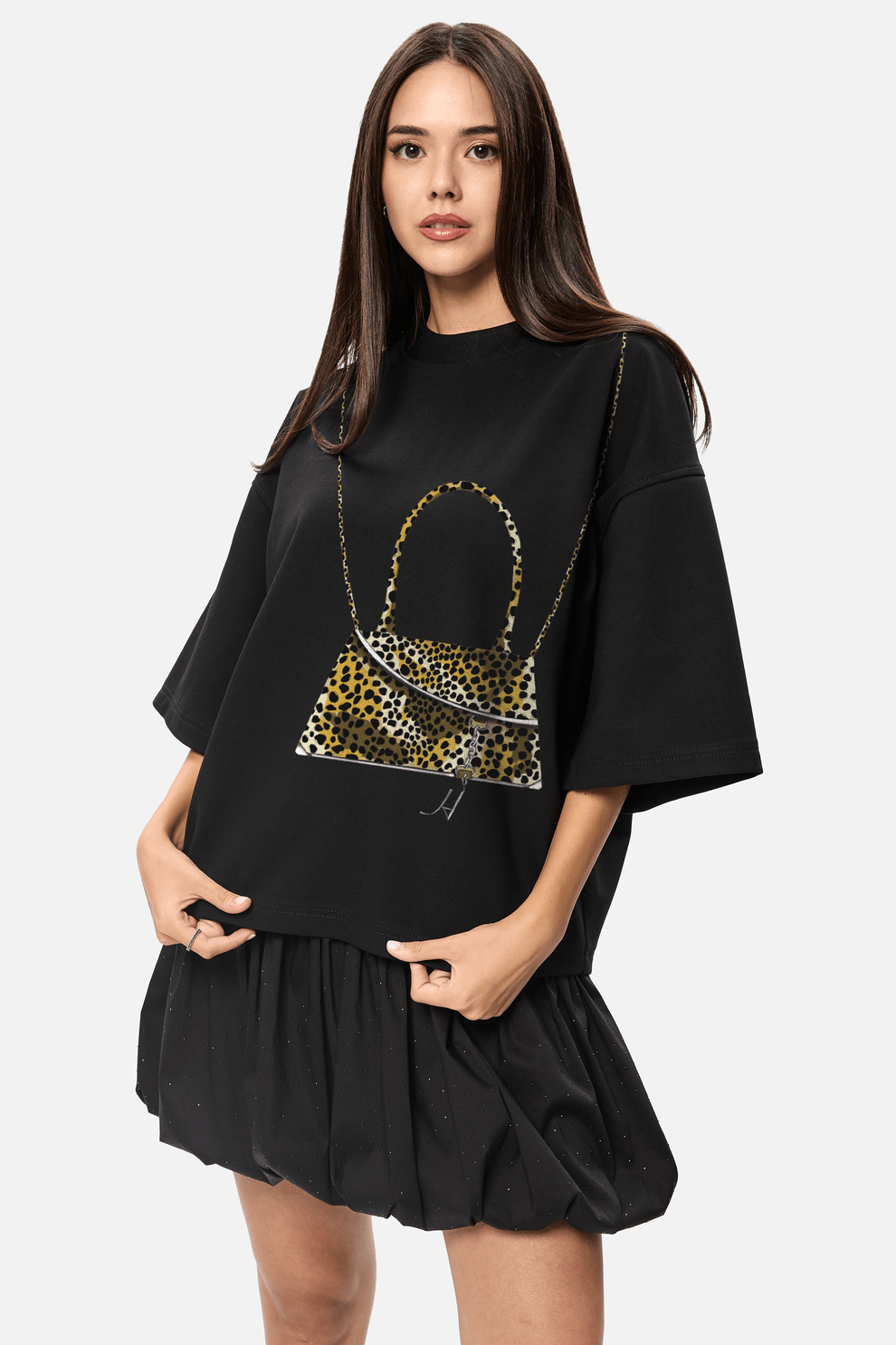 Tricou negru oversized cu imprimeu Pochette