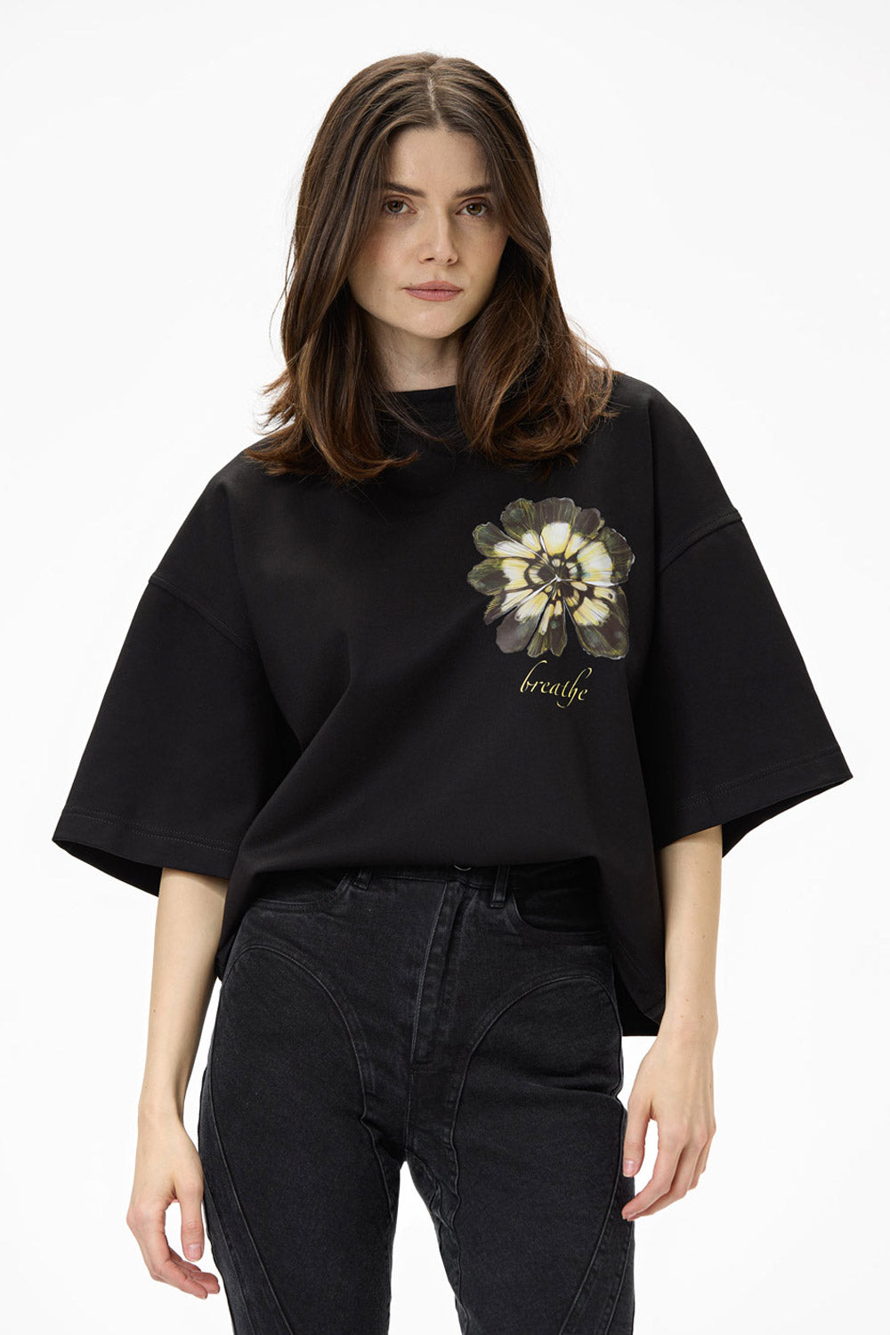 Tricou dama negru oversized cu imprimeu Blossom