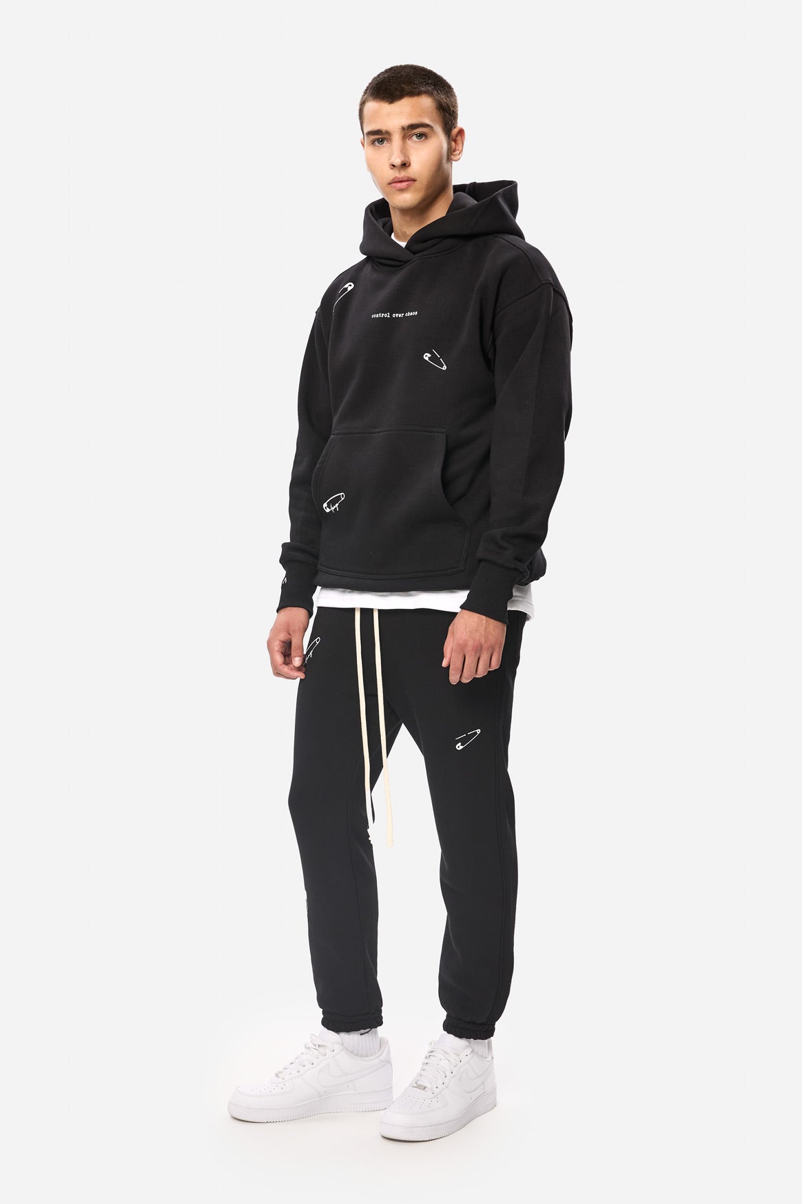 Safety Pin Black Printed Fleece Tracksuit