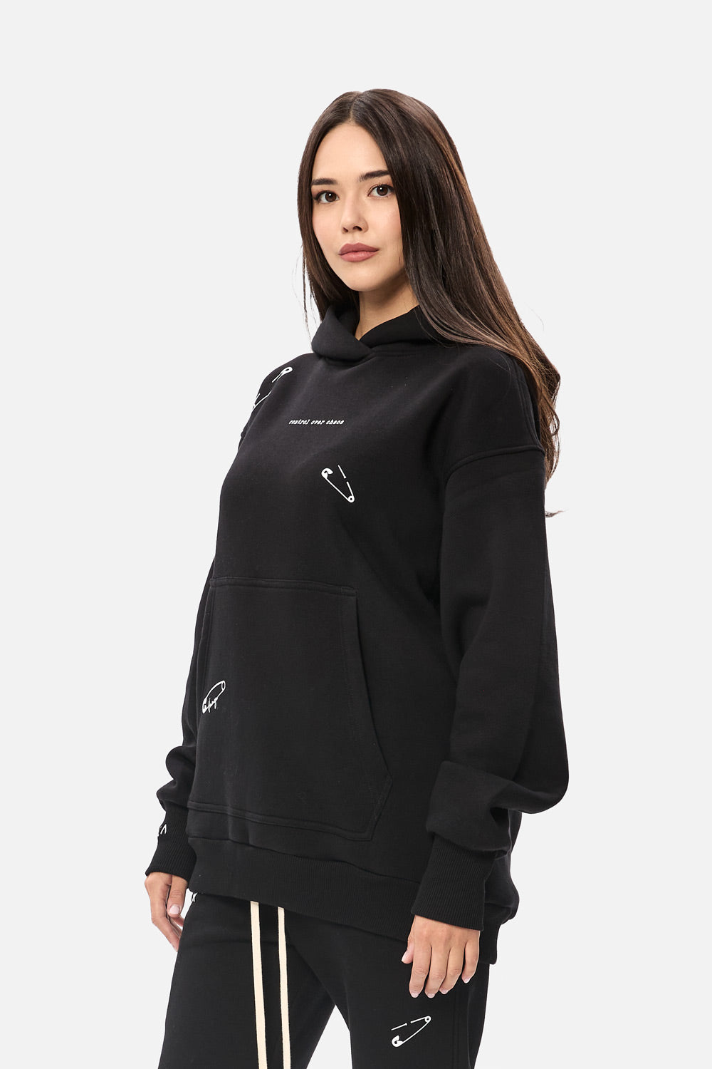 Safety Pin Black Printed Fleece Hoodie W