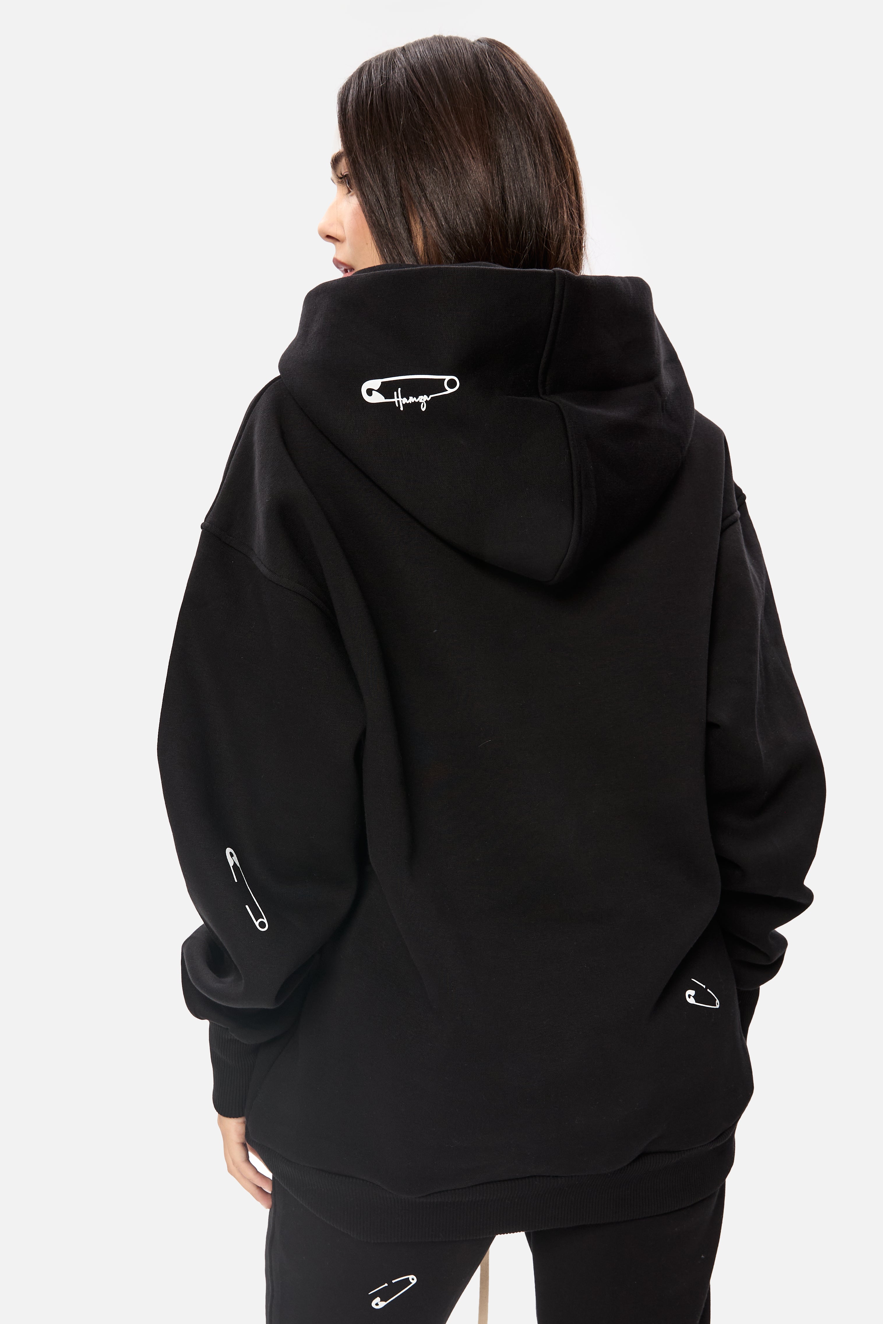 Safety Pin Black Printed Fleece Hoodie W