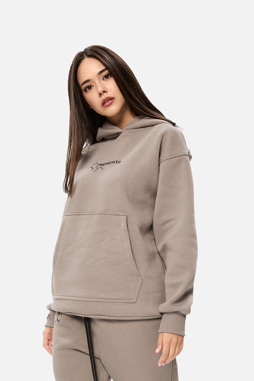 Serotonin Beige Embroidered Fleece Hoodie W