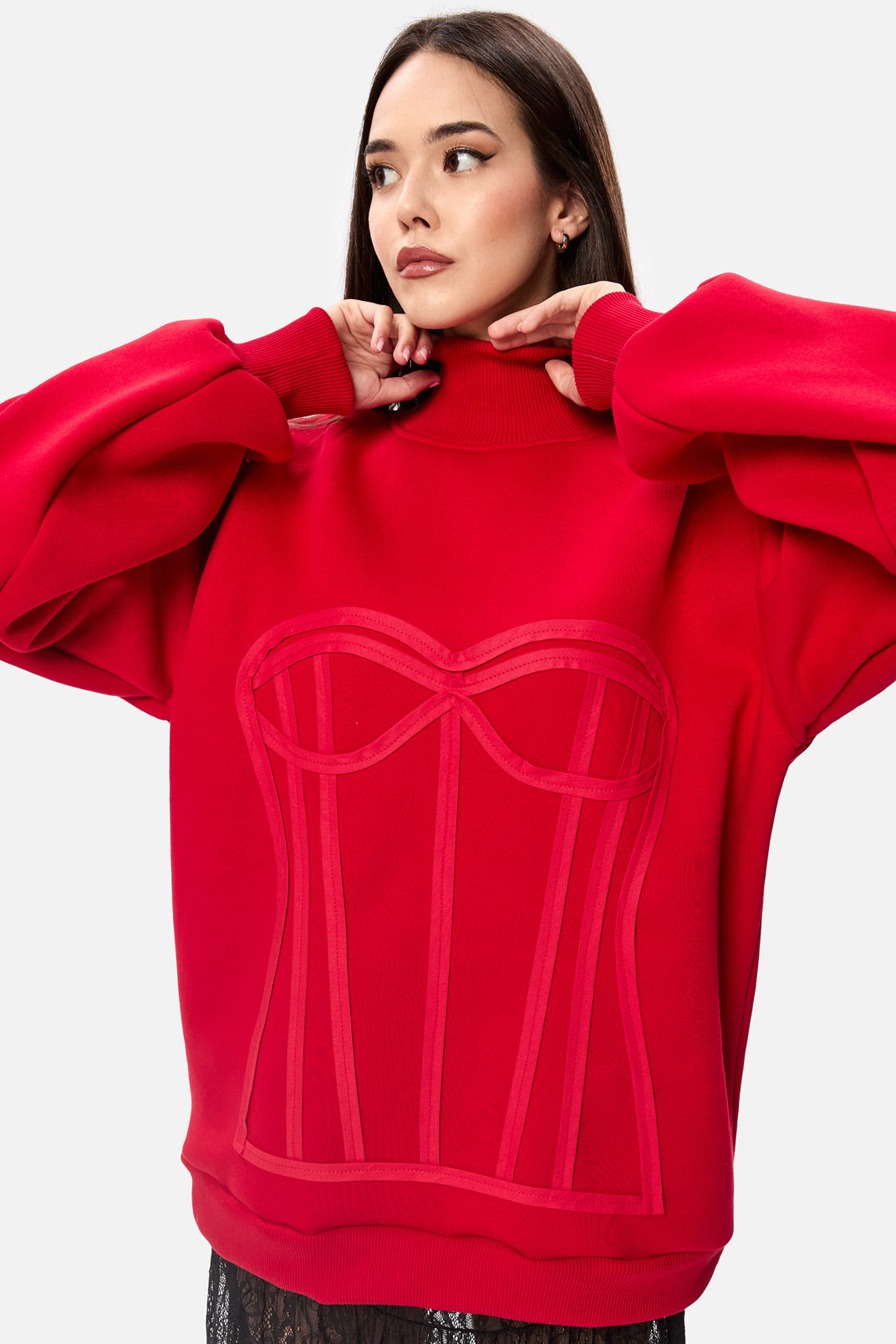 Kora Red Stitched Corset Fleece Turtleneck W