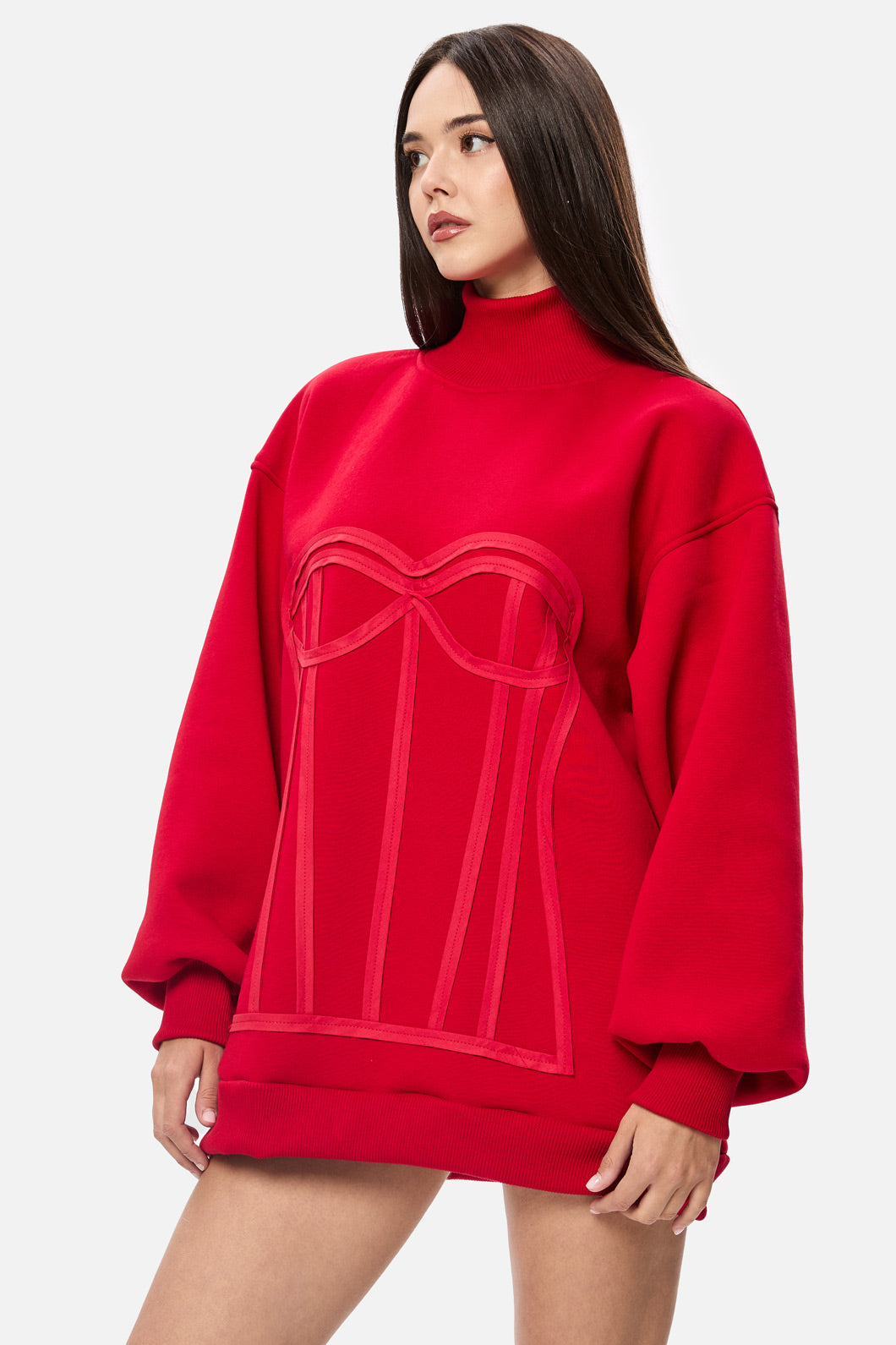 Kora Red Stitched Corset Fleece Turtleneck W