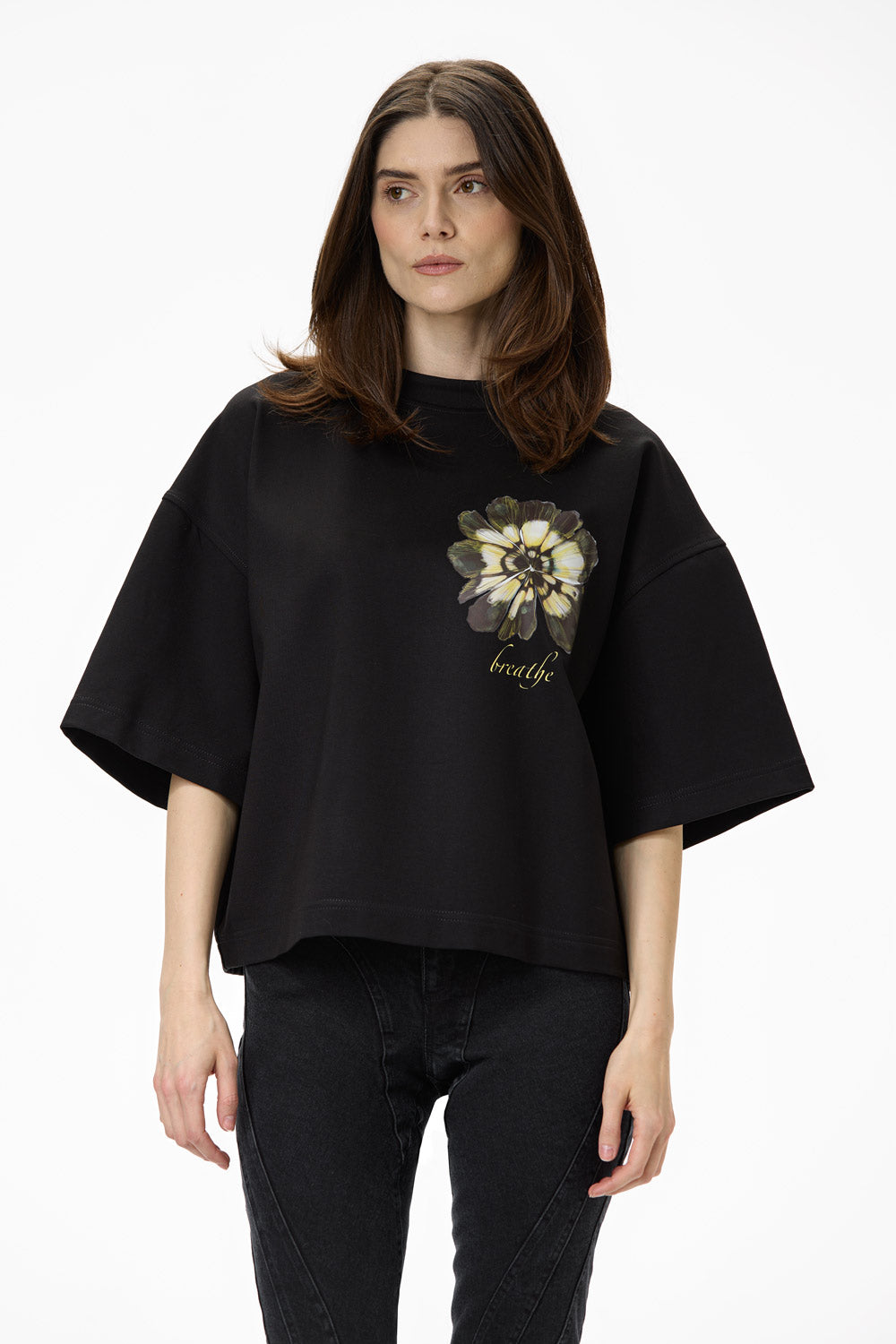 Tricou dama negru oversized cu imprimeu Blossom