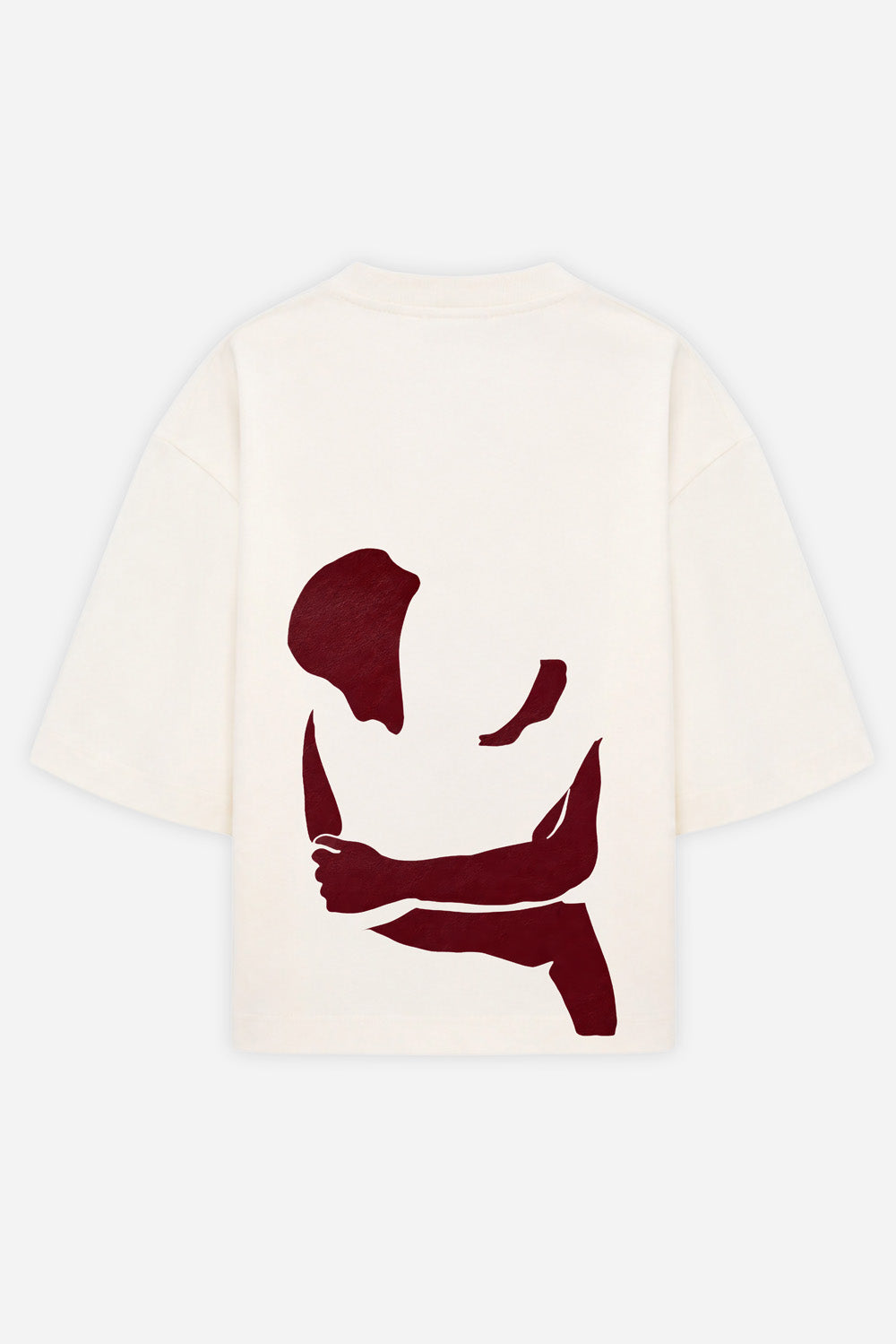 Vedere din spate a tricoului Off-White Burgundy Hug pentru femei, prezentat pe manechin invizibil, cu imprimeu burgundy spate