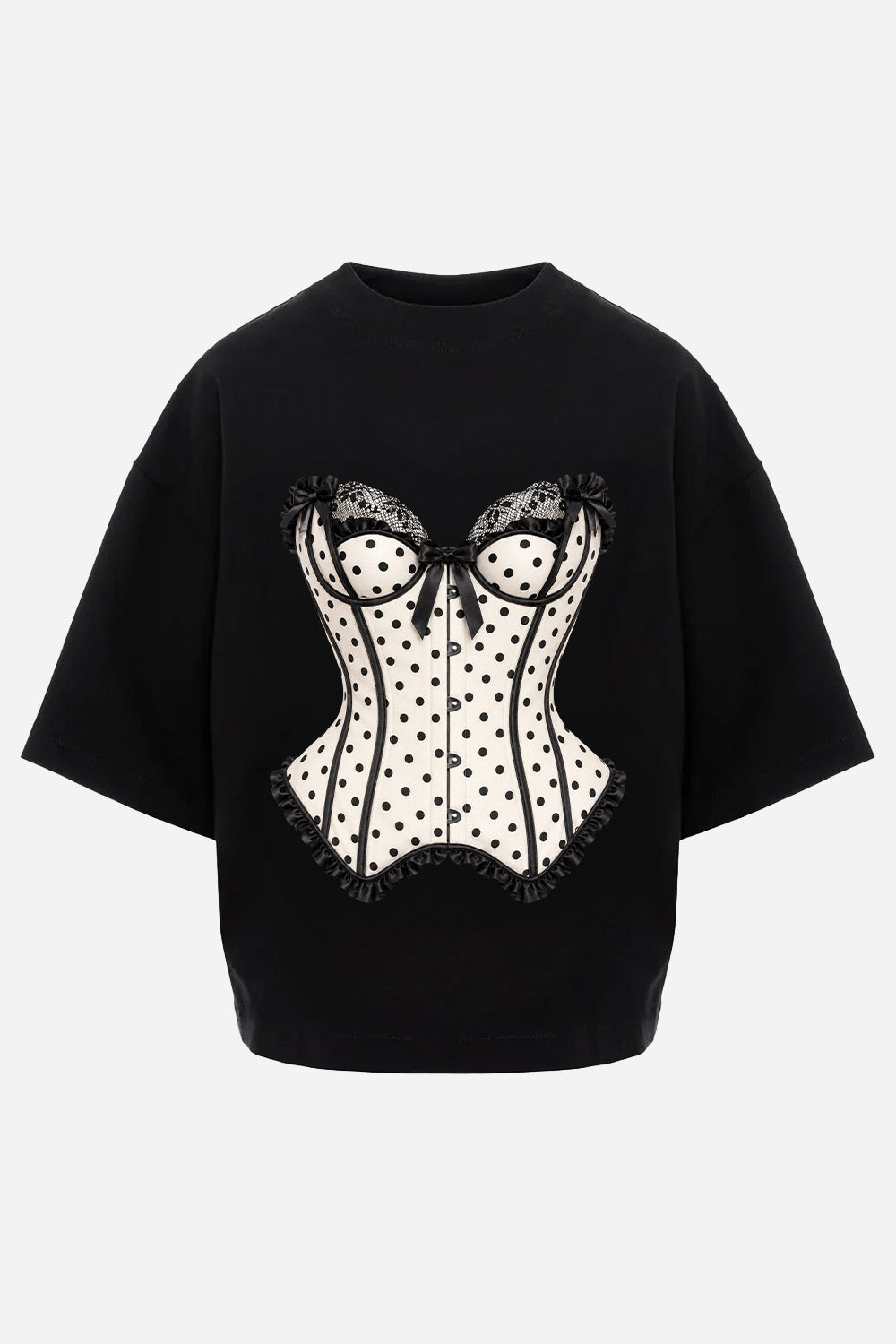 Vedere din față a tricoului oversized negru Polka Dots Corset pentru femei, cu imprimeu tip corset cu buline