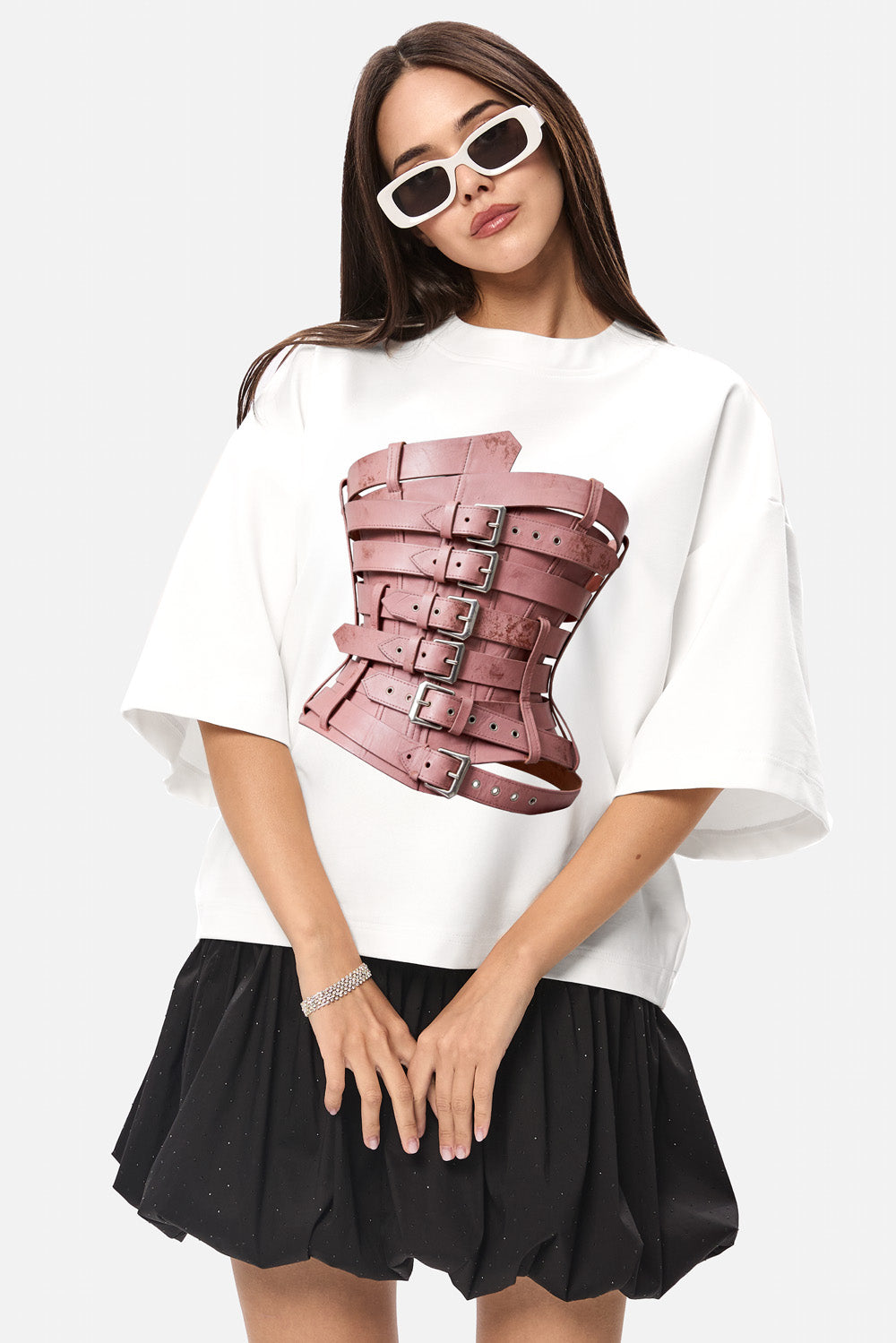 Tricou oversized damă off-white din vâscoză cu imprimeu frontal și mâneci clopot, vedere din față