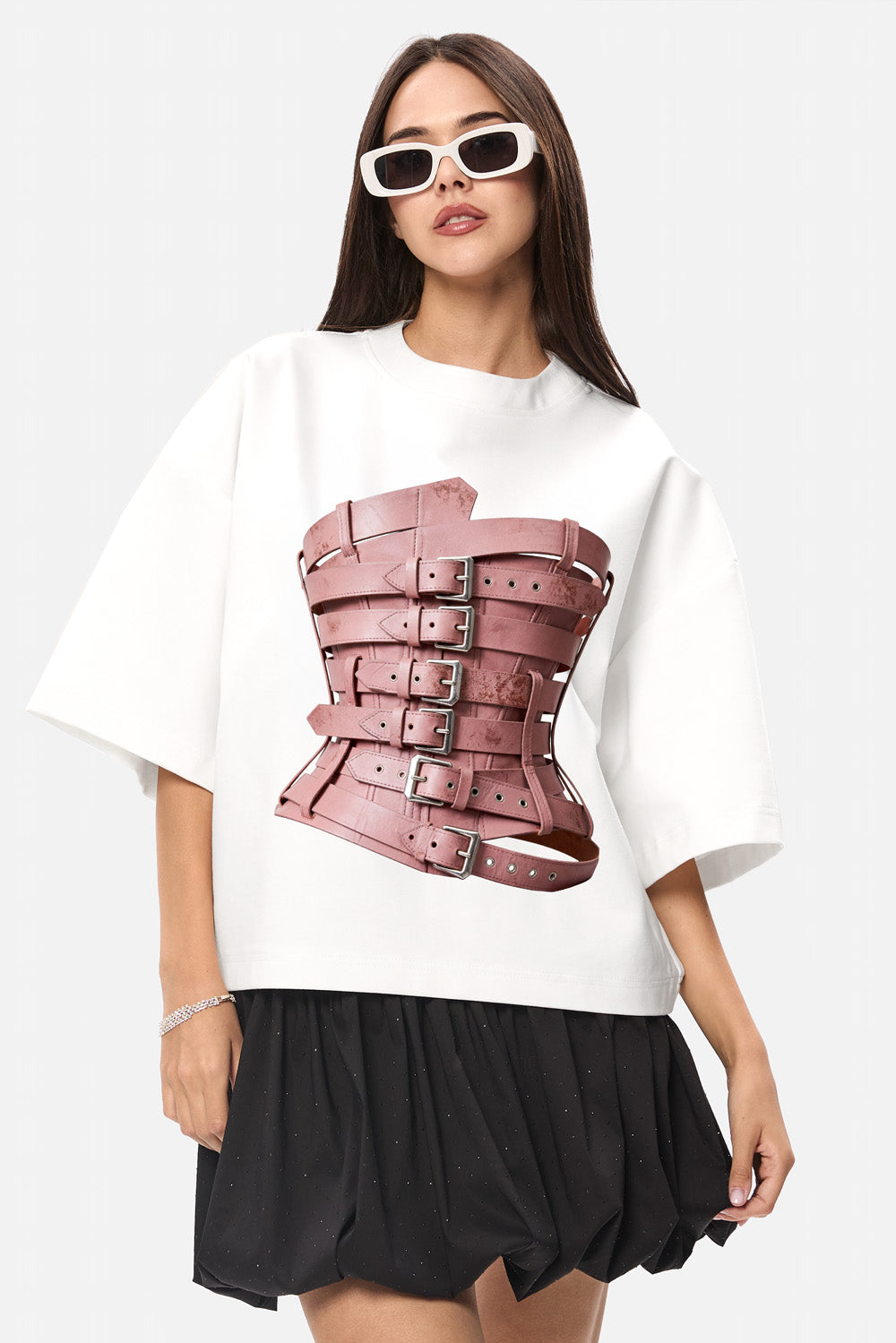 Tricou oversized damă off-white din vâscoză cu imprimeu frontal și mâneci clopot, vedere din față